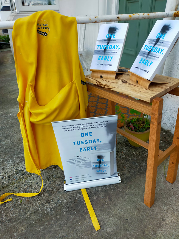 Picture shows the books displayed outside Saltash Bakery, a micro-bakery in Saltash, with a yellow apron draped across a railing to show of the bakery's logo.
